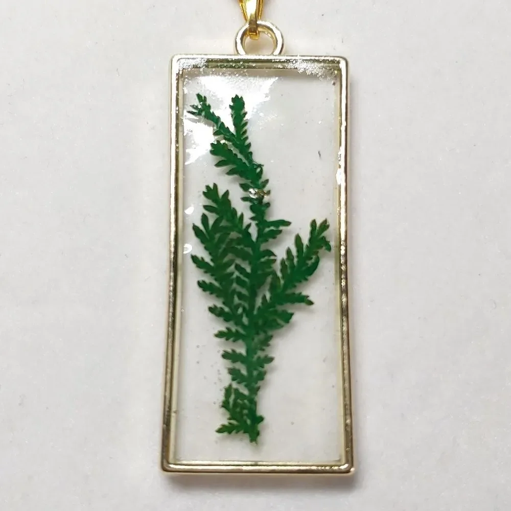 Necklace Gold Tone Rectangle w/ Dried Leaves